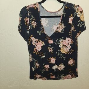 Maurices Floral V-Neck Top - Navy and Pink